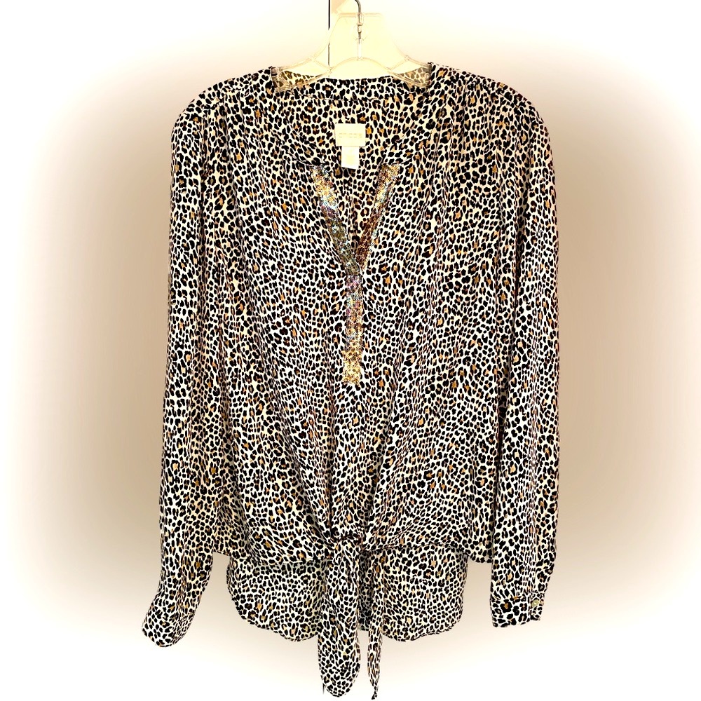 Chicos Animal Print Top With Sequin V Neck& Tie Front,Long sleeves Size 1(Med)